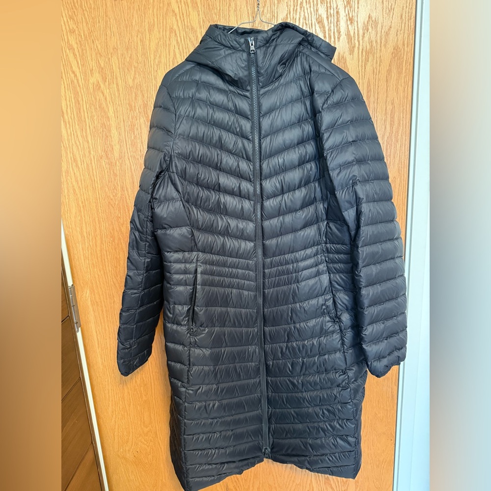 LANDS END Womens Full Length Down Hooded Puffer Jacket Packable Black M Tall